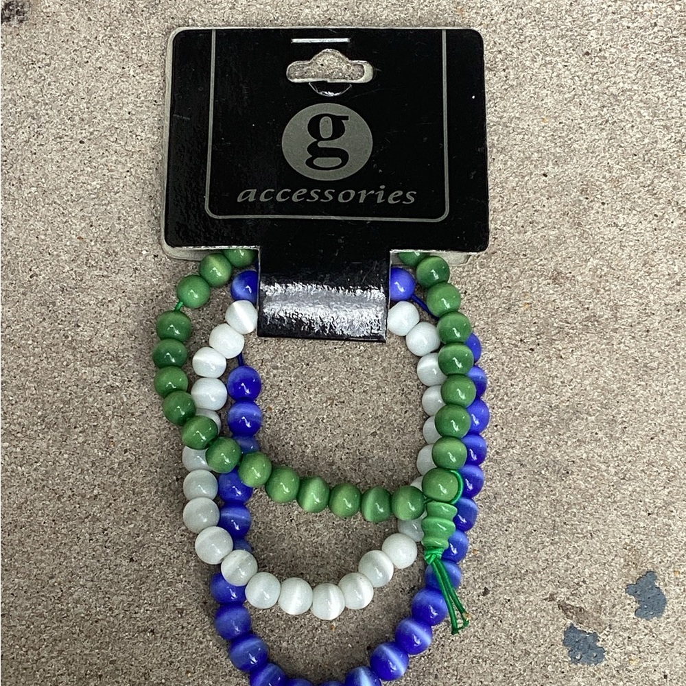 Green, Blue, and White Beaded Bracelet Trio